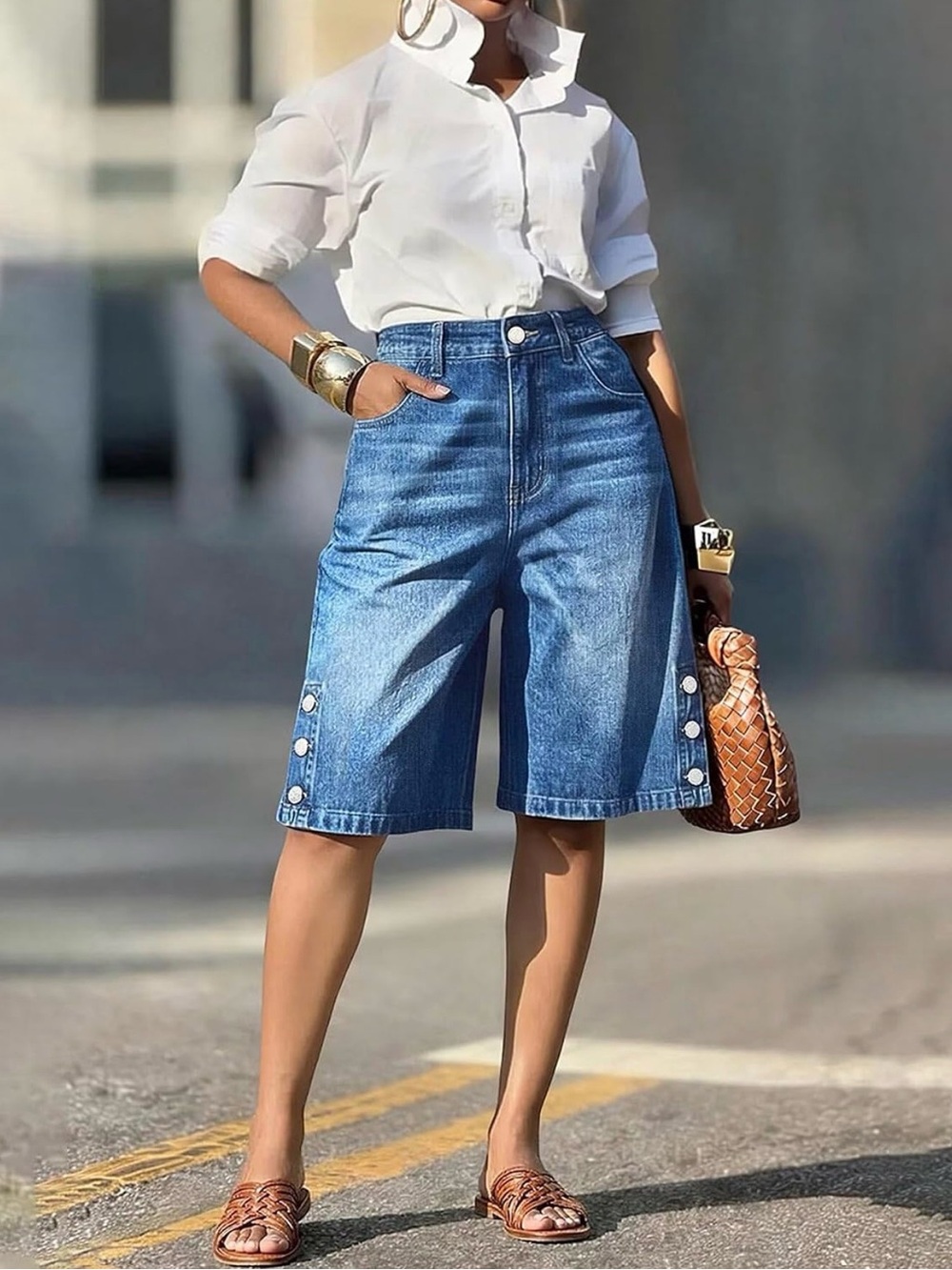 Flamingals High Waist Denim Bermuda Shorts for Women Wash Button Decor Stretchy